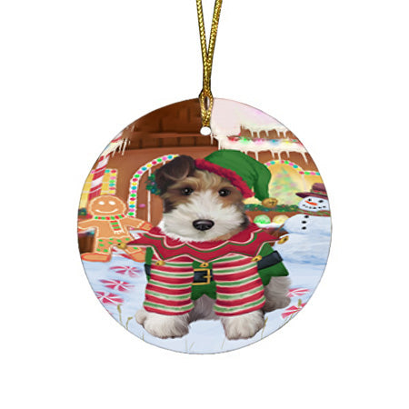 Christmas Gingerbread House Candyfest Wire Fox Terrier Dog Round Flat Christmas Ornament RFPOR56956