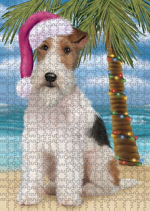 Summertime Happy Holidays Christmas Wire Fox Terrier Dog on Tropical Island Beach Puzzle with Photo Tin PUZL85544