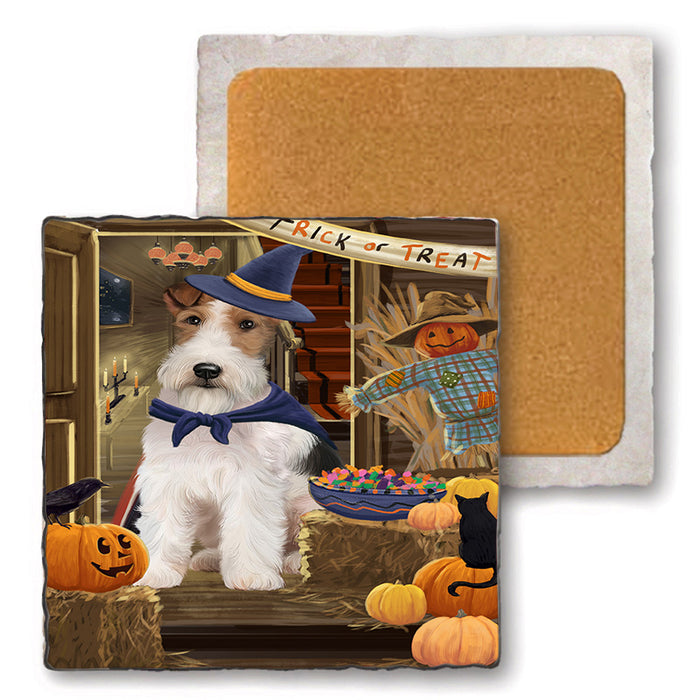 Enter at Own Risk Trick or Treat Halloween Wire Fox Terrier Dog Set of 4 Natural Stone Marble Tile Coasters MCST48344