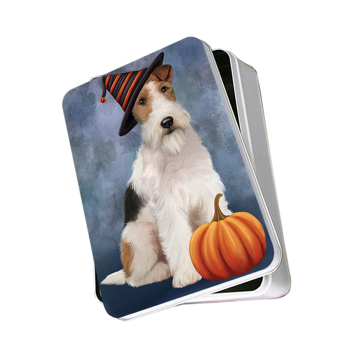 Happy Halloween Wire Fox Terrier Dog Wearing Witch Hat with Pumpkin Photo Storage Tin PITN54695