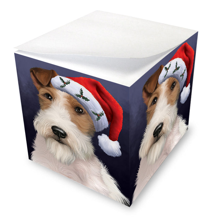 Christmas Holidays Wire Fox Terrier Dog Wearing Santa Hat Portrait Head Note Cube NOC55154