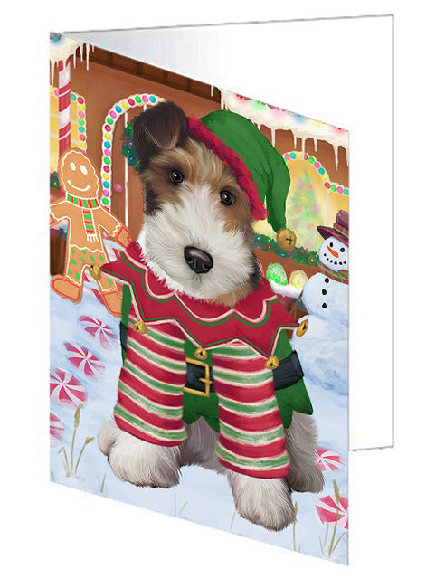 Christmas Gingerbread House Candyfest Wire Fox Terrier Dog Handmade Artwork Assorted Pets Greeting Cards and Note Cards with Envelopes for All Occasions and Holiday Seasons GCD74315