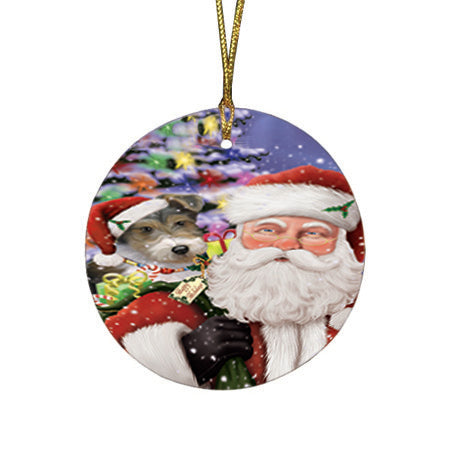 Santa Carrying Wire Fox Terrier Dog and Christmas Presents Round Flat Christmas Ornament RFPOR53702
