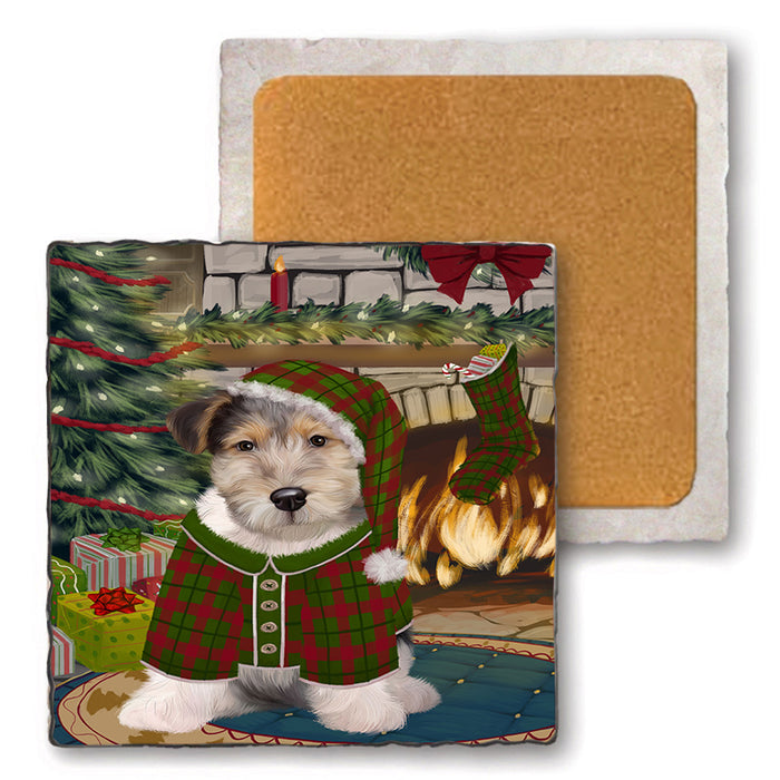 The Stocking was Hung Wire Fox Terrier Dog Set of 4 Natural Stone Marble Tile Coasters MCST50662