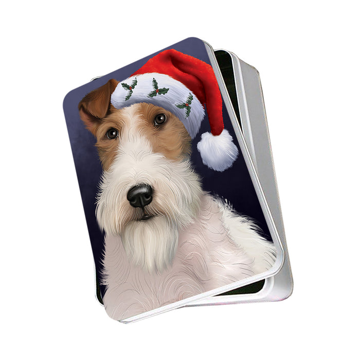 Christmas Holidays Wire Fox Terrier Dog Wearing Santa Hat Portrait Head Photo Storage Tin PITN53508