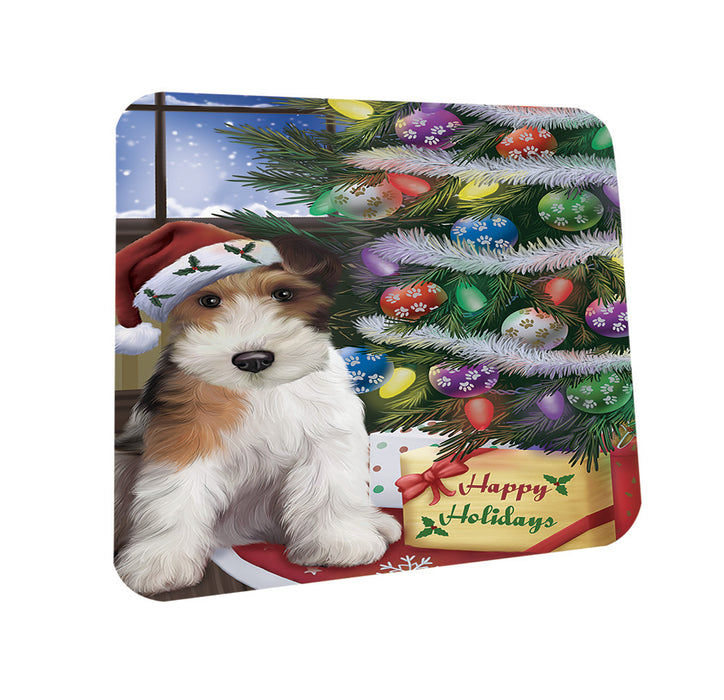 Christmas Happy Holidays Wire Fox Terrier Dog with Tree and Presents Coasters Set of 4 CST53438