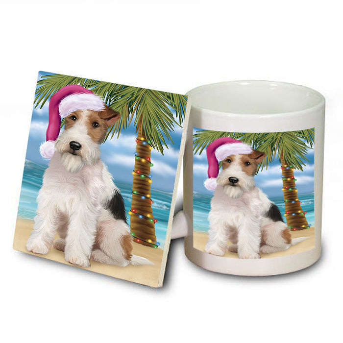 Summertime Happy Holidays Christmas Wire Fox Terrier Dog on Tropical Island Beach Mug and Coaster Set MUC54461