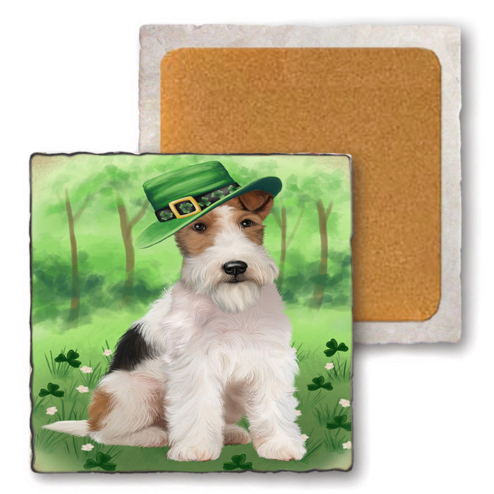 St. Patricks Day Irish Portrait Wire Fox Terrier Dog Set of 4 Natural Stone Marble Tile Coasters MCST52060