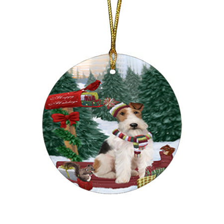 Merry Christmas Woodland Sled Wire Fox Terrier Dog Round Flat Christmas Ornament RFPOR55429