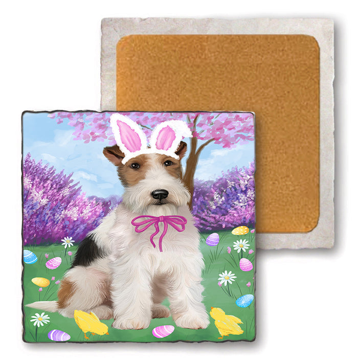 Easter Holiday Wire Fox Terrier Dog Set of 4 Natural Stone Marble Tile Coasters MCST51956