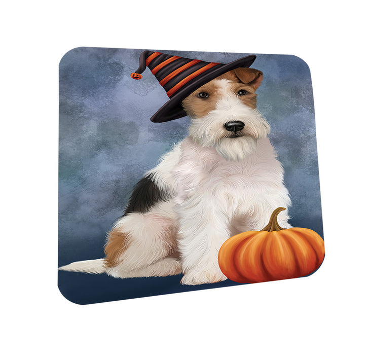 Happy Halloween Wire Fox Terrier Dog Wearing Witch Hat with Pumpkin Coasters Set of 4 CST54710