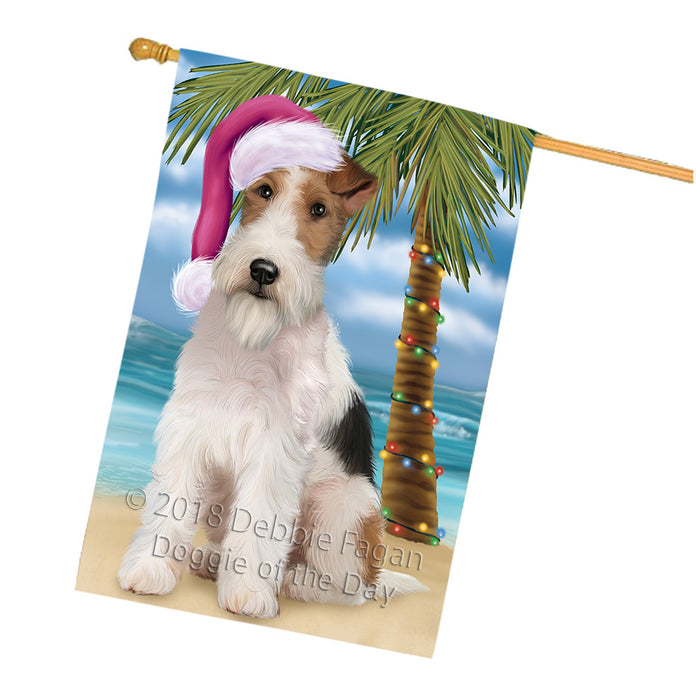 Summertime Happy Holidays Christmas Wire Fox Terrier Dog on Tropical Island Beach House Flag FLG54795