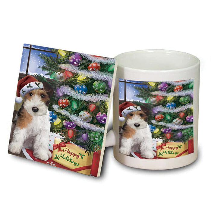 Christmas Happy Holidays Wire Fox Terrier Dog with Tree and Presents Mug and Coaster Set MUC53472