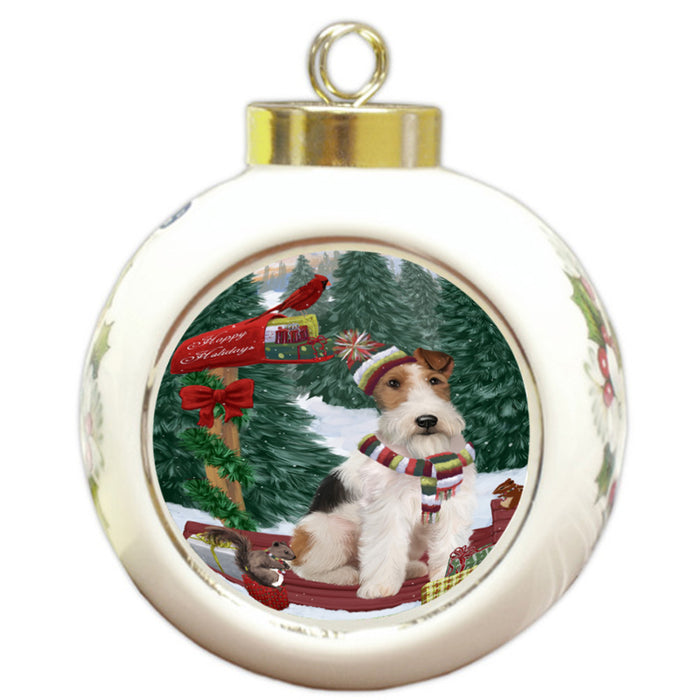 Merry Christmas Woodland Sled Wire Fox Terrier Dog Round Ball Christmas Ornament RBPOR55429
