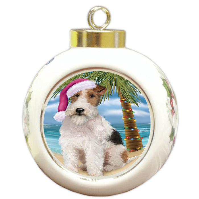 Summertime Happy Holidays Christmas Wire Fox Terrier Dog on Tropical Island Beach Round Ball Christmas Ornament RBPOR54597