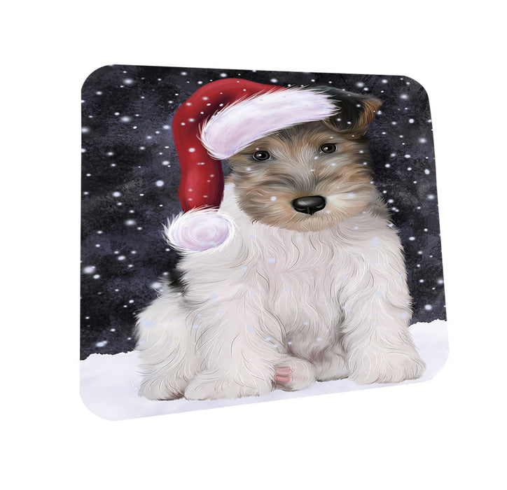 Let it Snow Christmas Holiday Wire Fox Terrier Dog Wearing Santa Hat Coasters Set of 4 CST54293