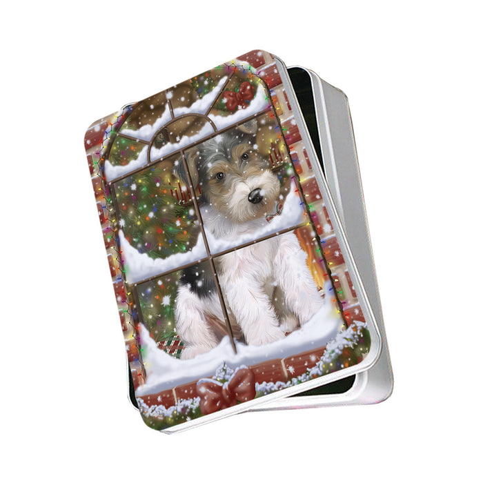 Please Come Home For Christmas Wire Fox Terrier Dog Sitting In Window Photo Storage Tin PITN57568