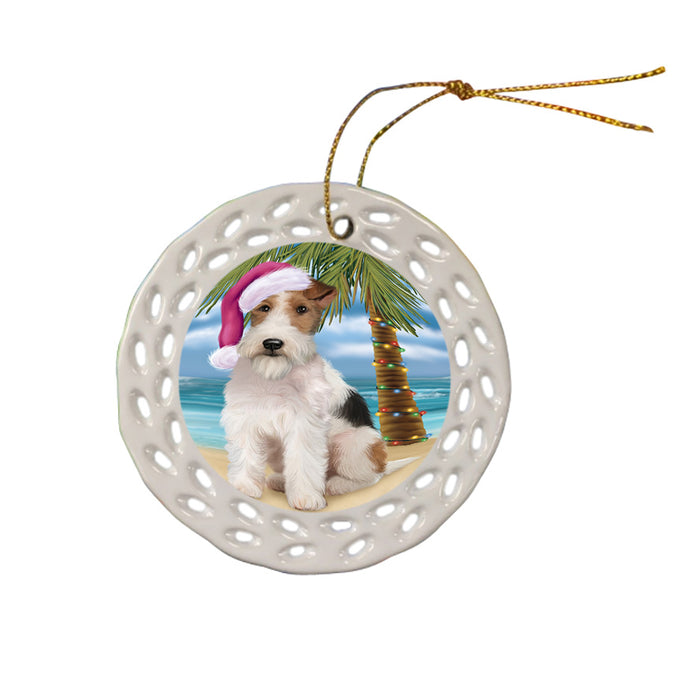 Summertime Happy Holidays Christmas Wire Fox Terrier Dog on Tropical Island Beach Ceramic Doily Ornament DPOR54597