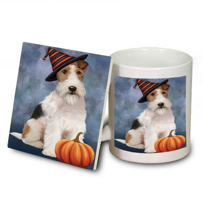 Happy Halloween Wire Fox Terrier Dog Wearing Witch Hat with Pumpkin Mug and Coaster Set MUC54744