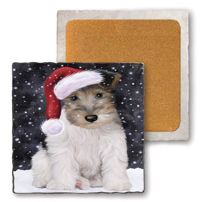 Let it Snow Christmas Holiday Wire Fox Terrier Dog Wearing Santa Hat Set of 4 Natural Stone Marble Tile Coasters MCST49335
