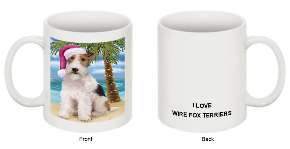 Summertime Happy Holidays Christmas Wire Fox Terrier Dog on Tropical Island Beach Coffee Mug MUG49867