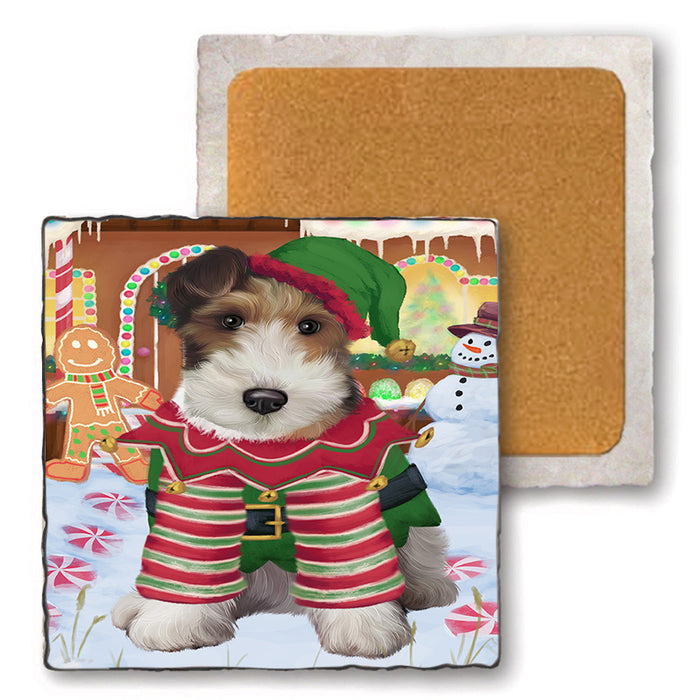 Christmas Gingerbread House Candyfest Wire Fox Terrier Dog Set of 4 Natural Stone Marble Tile Coasters MCST51600