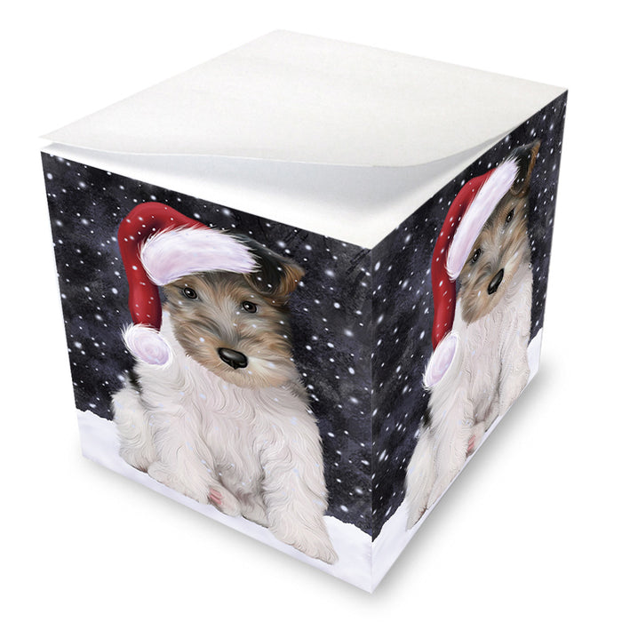 Let it Snow Christmas Holiday Wire Fox Terrier Dog Wearing Santa Hat Note Cube NOC55981