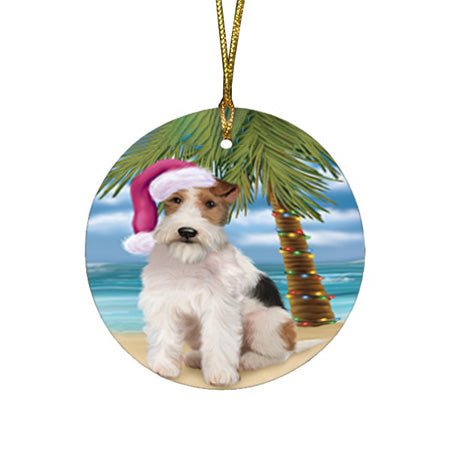 Summertime Happy Holidays Christmas Wire Fox Terrier Dog on Tropical Island Beach Round Flat Christmas Ornament RFPOR54588