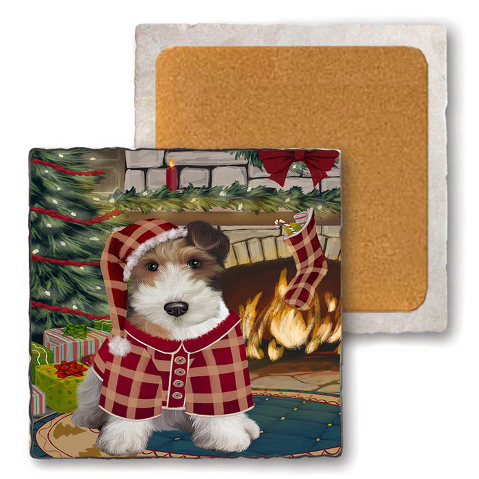 The Stocking was Hung Wire Fox Terrier Dog Set of 4 Natural Stone Marble Tile Coasters MCST50663