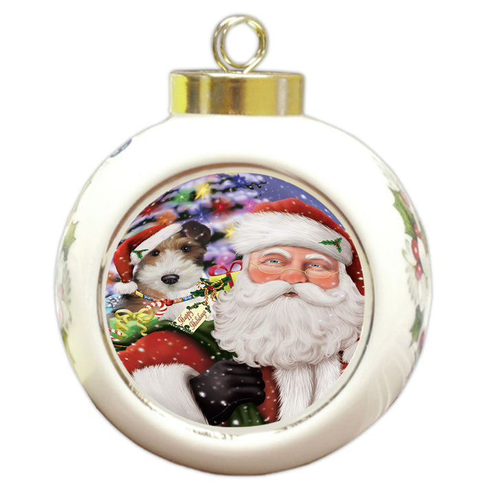 Santa Carrying Wire Fox Terrier Dog and Christmas Presents Round Ball Christmas Ornament RBPOR53712