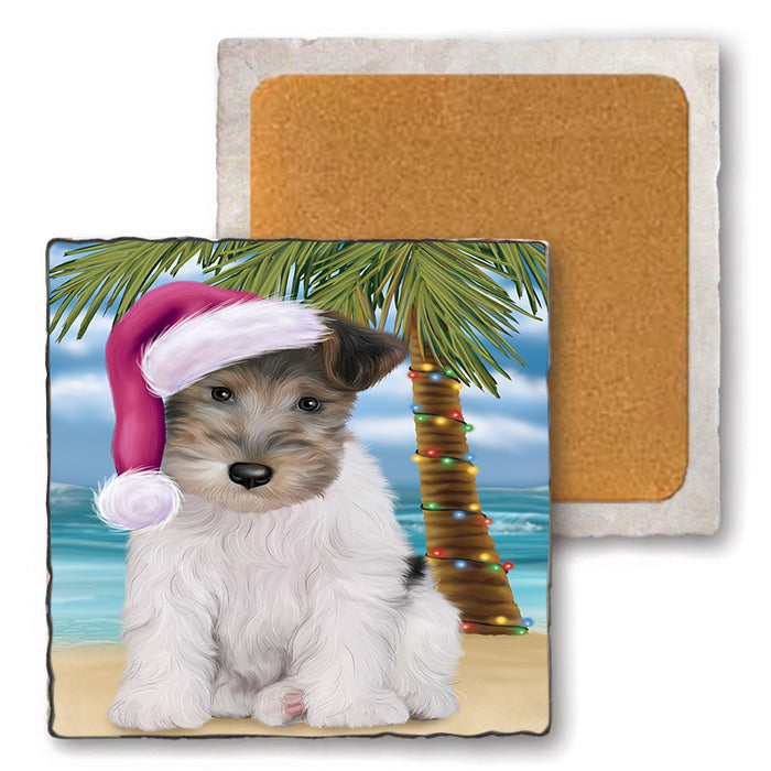 Summertime Happy Holidays Christmas Wire Fox Terrier Dog on Tropical Island Beach Set of 4 Natural Stone Marble Tile Coasters MCST49470
