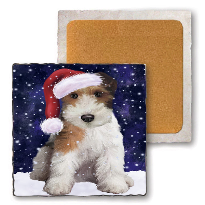 Let it Snow Christmas Holiday Wire Fox Terrier Dog Wearing Santa Hat Set of 4 Natural Stone Marble Tile Coasters MCST49336