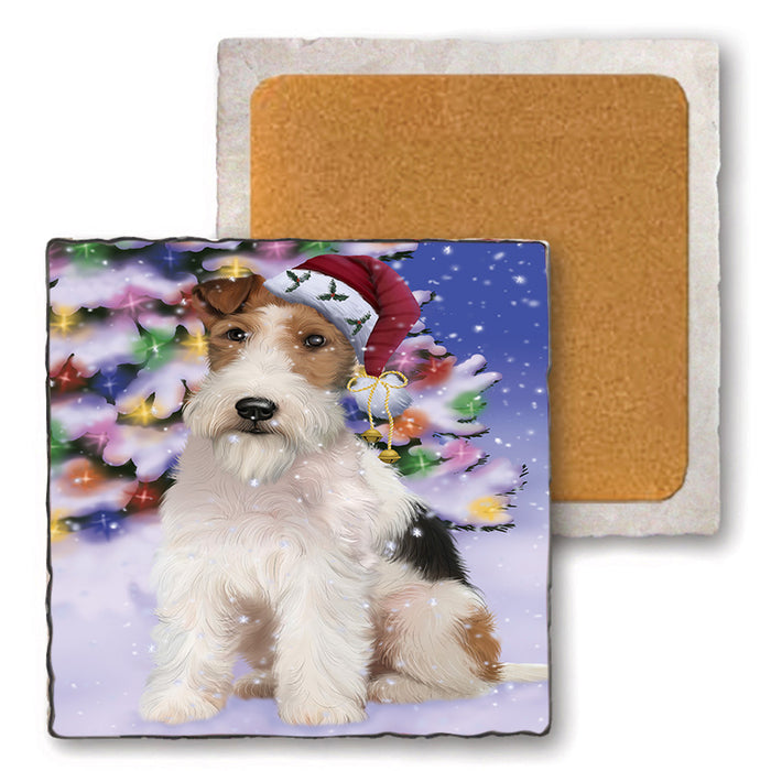 Winterland Wonderland Wire Fox Terrier Dog In Christmas Holiday Scenic Background Set of 4 Natural Stone Marble Tile Coasters MCST48790
