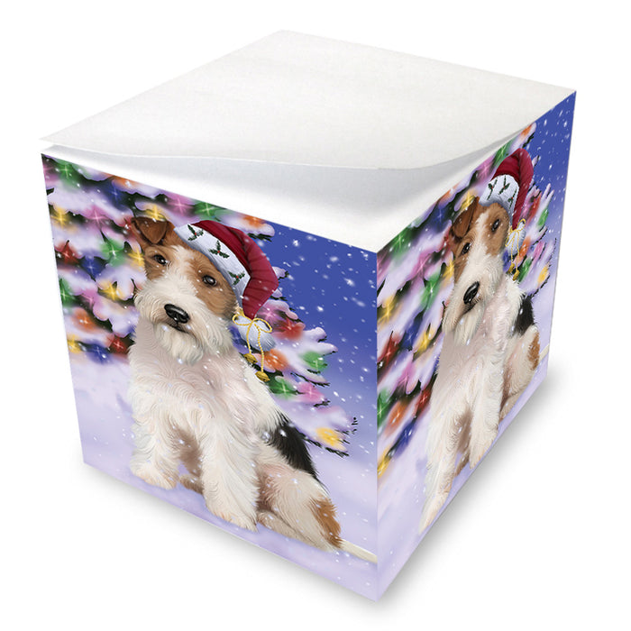 Winterland Wonderland Wire Fox Terrier Dog In Christmas Holiday Scenic Background Note Cube NOC55436
