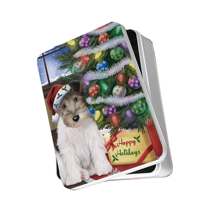 Christmas Happy Holidays Wire Fox Terrier Dog with Tree and Presents Photo Storage Tin PITN53481