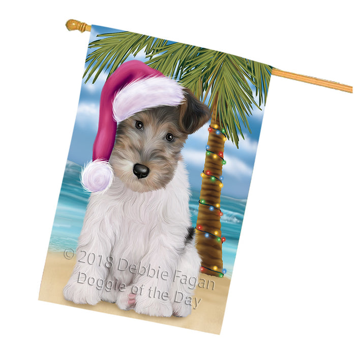 Summertime Happy Holidays Christmas Wire Fox Terrier Dog on Tropical Island Beach House Flag FLG54796