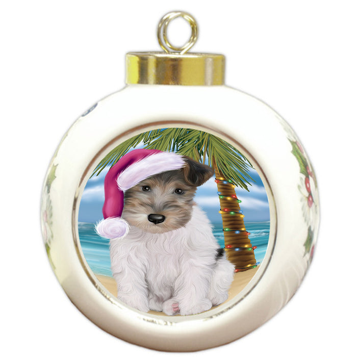 Summertime Happy Holidays Christmas Wire Fox Terrier Dog on Tropical Island Beach Round Ball Christmas Ornament RBPOR54598
