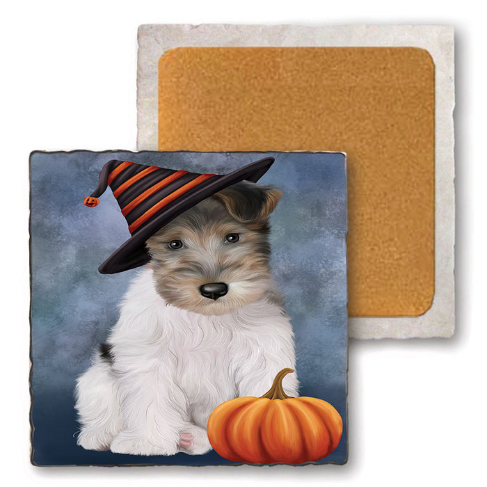 Happy Halloween Wire Fox Terrier Dog Wearing Witch Hat with Pumpkin Set of 4 Natural Stone Marble Tile Coasters MCST49753