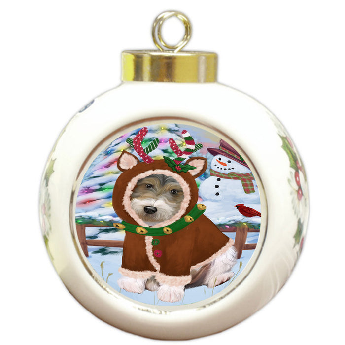 Christmas Gingerbread House Candyfest Wire Fox Terrier Dog Round Ball Christmas Ornament RBPOR56957