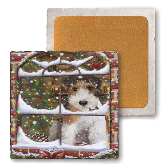 Please Come Home For Christmas Wire Fox Terrier Dog Sitting In Window Set of 4 Natural Stone Marble Tile Coasters MCST48655