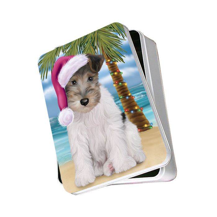 Summertime Happy Holidays Christmas Wire Fox Terrier Dog on Tropical Island Beach Photo Storage Tin PITN54413