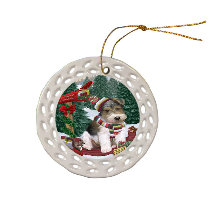 Merry Christmas Woodland Sled Wire Fox Terrier Dog Ceramic Doily Ornament DPOR55430