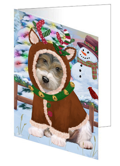Christmas Gingerbread House Candyfest Wire Fox Terrier Dog Handmade Artwork Assorted Pets Greeting Cards and Note Cards with Envelopes for All Occasions and Holiday Seasons GCD74318