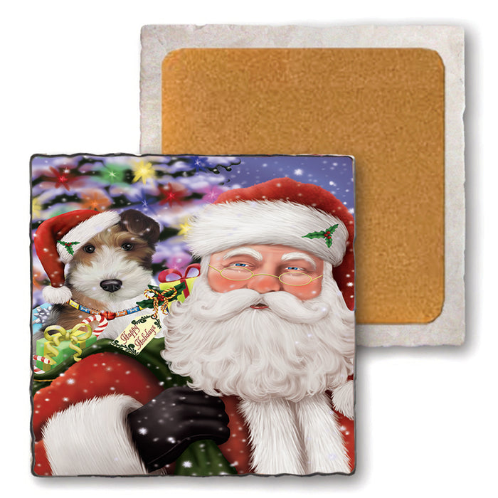 Santa Carrying Wire Fox Terrier Dog and Christmas Presents Set of 4 Natural Stone Marble Tile Coasters MCST48712