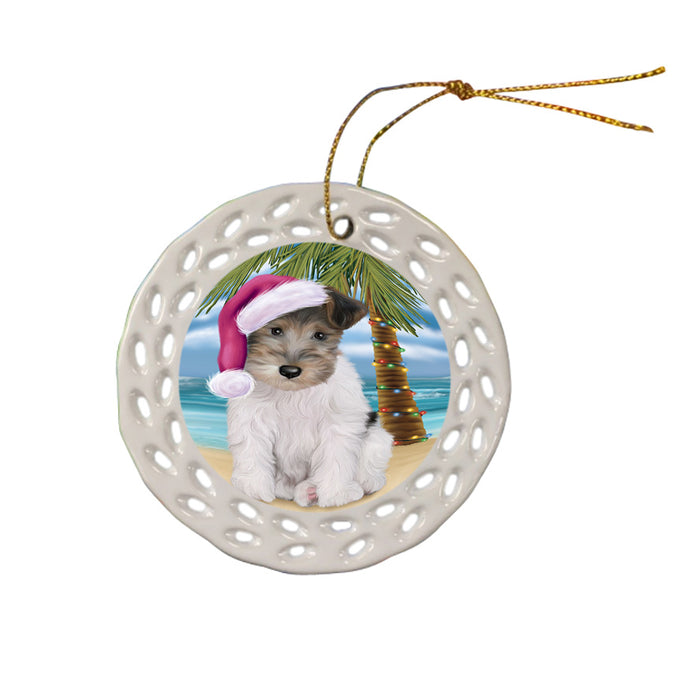 Summertime Happy Holidays Christmas Wire Fox Terrier Dog on Tropical Island Beach Ceramic Doily Ornament DPOR54598