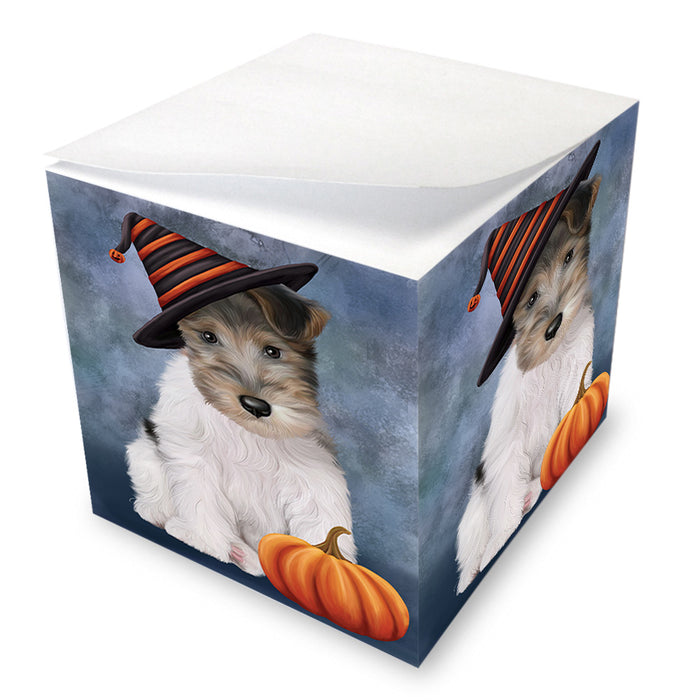 Happy Halloween Wire Fox Terrier Dog Wearing Witch Hat with Pumpkin Note Cube NOC56399