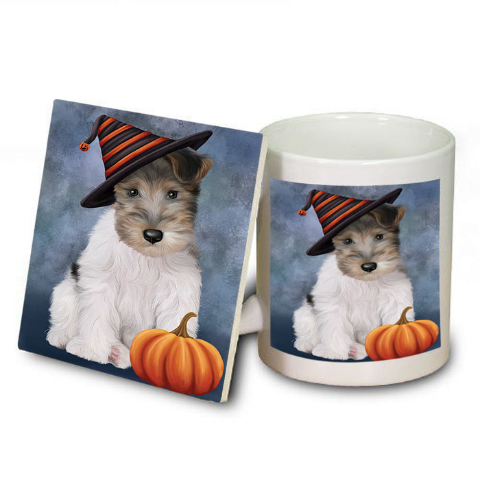 Happy Halloween Wire Fox Terrier Dog Wearing Witch Hat with Pumpkin Mug and Coaster Set MUC54745
