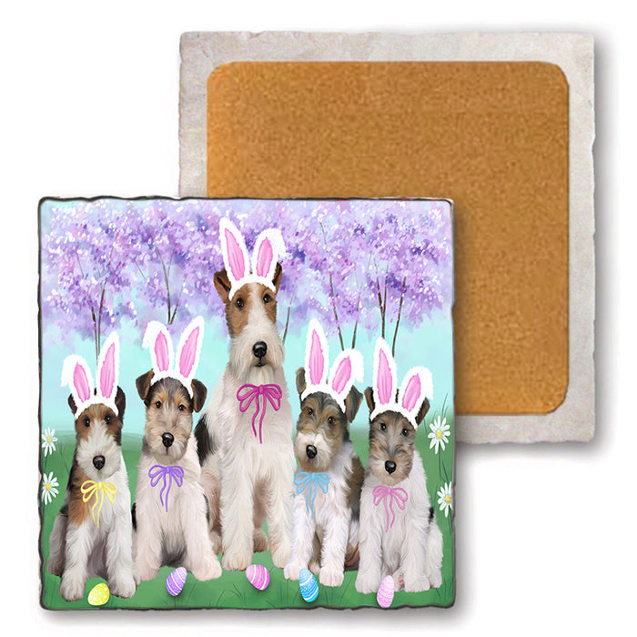Easter Holiday Wire Fox Terriers Dog Set of 4 Natural Stone Marble Tile Coasters MCST51957