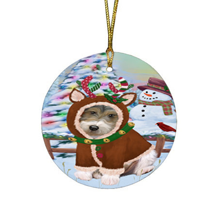 Christmas Gingerbread House Candyfest Wire Fox Terrier Dog Round Flat Christmas Ornament RFPOR56957