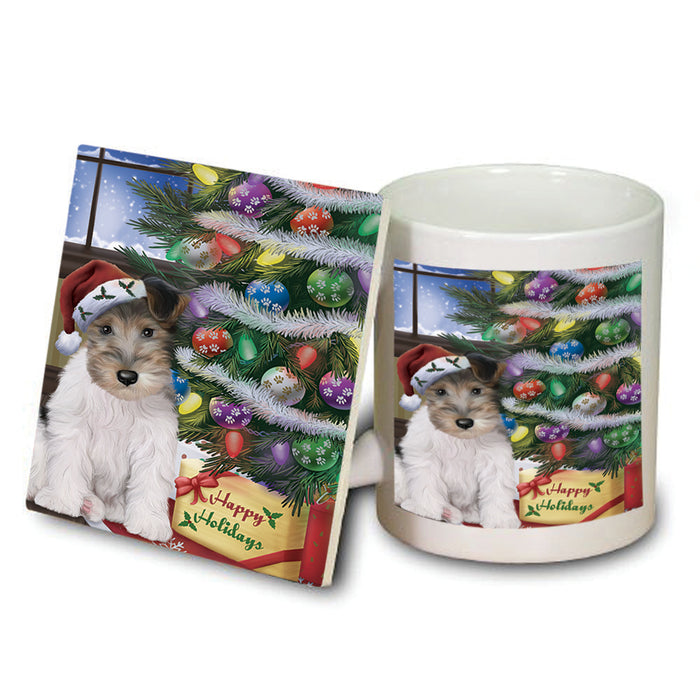 Christmas Happy Holidays Wire Fox Terrier Dog with Tree and Presents Mug and Coaster Set MUC53473